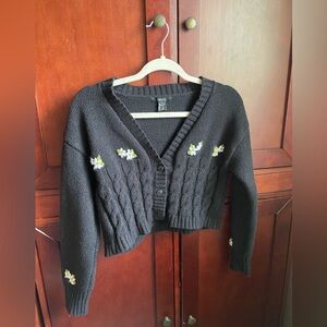 Forever 21 Black Cropped Cable Knit Cardigan with Floral Embroidery Small